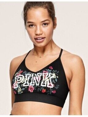 Victorias Secret Pink Ultimate Lightly Lined Sports Bra Top Black Floral XS